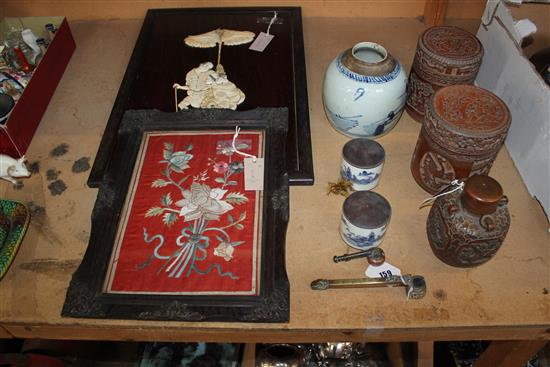 Japanese ivory inlaid panel, pair bamboo jars & covers, blue & white ginger jar & sundries